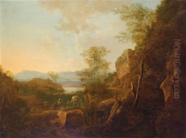 A Southern Mountain Landscape With Travellers Oil Painting by Jan Dirksz. Both