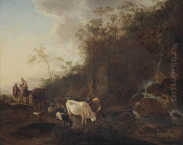 An Italianate Landscape With Herdsmen Watering Cattle At A Waterfall Oil Painting by Jan Dirksz. Both