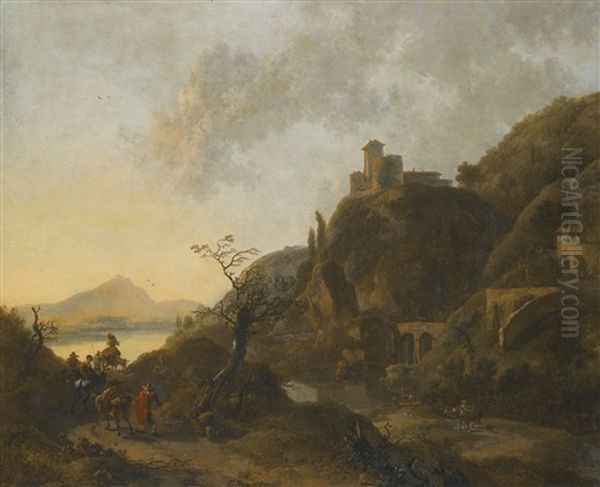 Italianate Rocky Landscape By The Sea With A Fortification, A Stone Bridge And A Ruined Wall, Figures Travelling On Donkeyback And On Foot In The Foreground Oil Painting by Jan Dirksz. Both