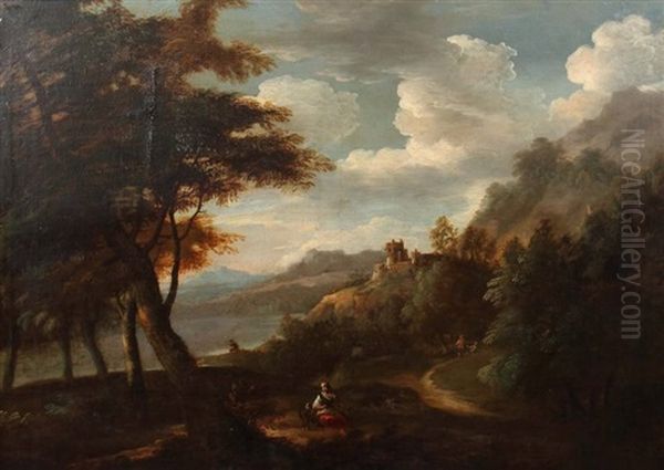 Bergige Landschaft Mit Einer Ruine Uber Dem Fluss by Jan Dirksz. Both