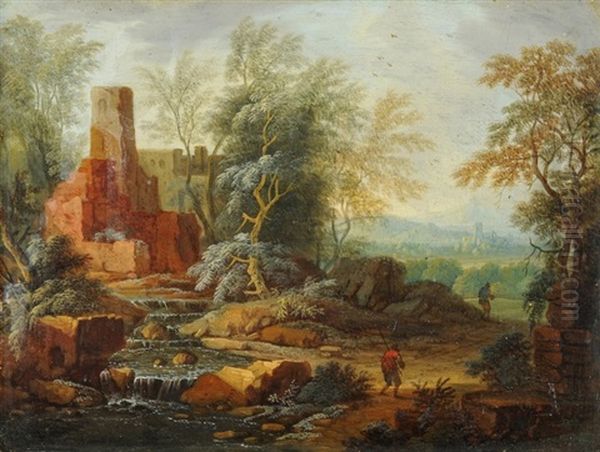 Landschaft Mit Zwei Wanderern Vor Ruine Und Bach Oil Painting by Jan Dirksz. Both