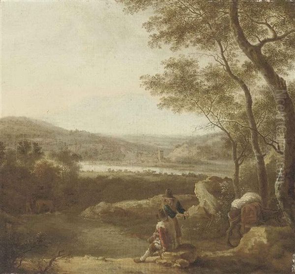 An Italianate Landscape With Travellers At Rest On A Track Oil Painting by Jan Dirksz. Both