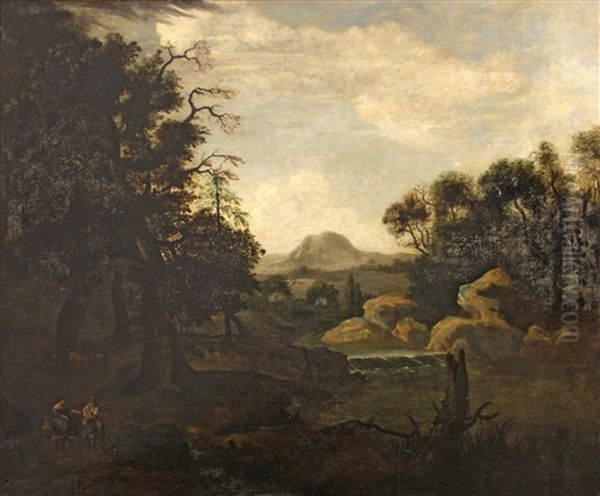 An Extensive Landscape With Two Figures On Horses By A River Bank Oil Painting by Jan Dirksz. Both