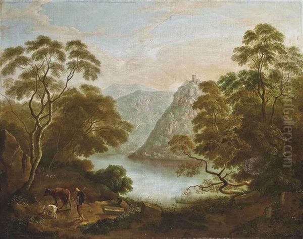 A Wooded River Landscape With A Herder, Goats And A Bull, A Fortified Town Beyond Oil Painting by Jan Dirksz. Both