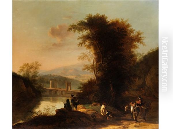 Sudliche Ideallandschaft Mit Wanderern, Ziehenden Bauern Und Einer Brucke Uber Einen Flusslauf Oil Painting by Jan Dirksz. Both