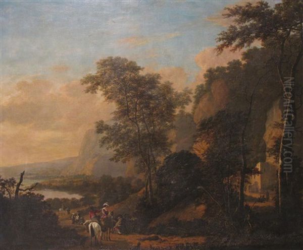 Extensive River Landscape With Travellers On A Road Near Steep Cliffs Oil Painting by Jan Dirksz. Both