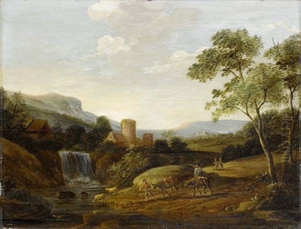 Sudliche Landschaft Mit Burg Und Wasserfall Oil Painting by Jan Dirksz. Both