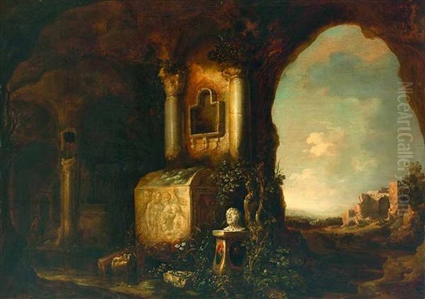 Sudliche Landschaft Mit Romischer Kapellenruine, Im Vordergrund Hohlengrabmal Mit Saulen, Altar Und Buste Des Seneca Oil Painting by Jan Dirksz. Both