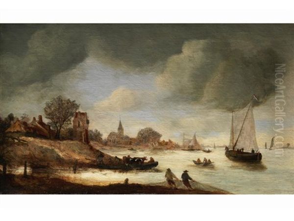 Uferlandschaft Mit Gebauden Und Schiffen In Der Bucht Sowie Figurenstaffage Oil Painting by Jan Dirksz. Both