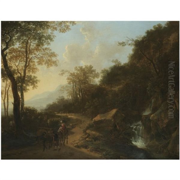 A Mountainous Italianate Landscape With Travellers Passing A Stream Oil Painting by Jan Dirksz. Both