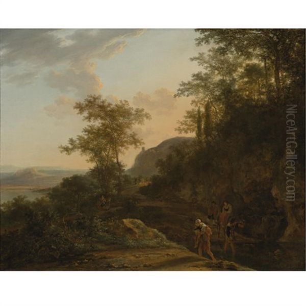 Italianate Landscape With A Mountain Path And Ford Oil Painting by Jan Dirksz. Both