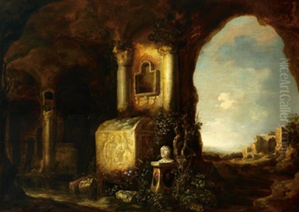 Eine Felsgrotte, Darin Ein Antiker Sarkophag Mit Dem Relief Einer Opferszene, Daneben Auf Einem Sockel Die Steinerne Buste Des Seneca, Rechts Der Blick In Eine Sudliche Landschaft Mit Ruinen Oil Painting by Jan Dirksz. Both