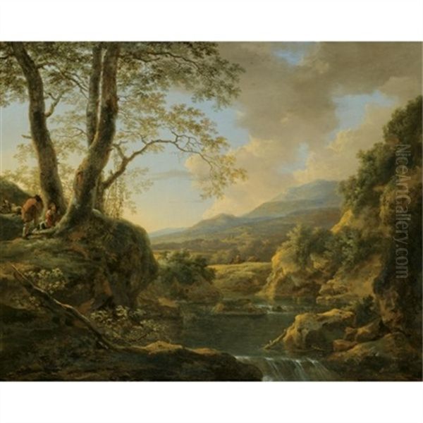 An Extensive River Landscape With Herdsmen Resting Their Goats Under A Tree Oil Painting by Jan Dirksz. Both