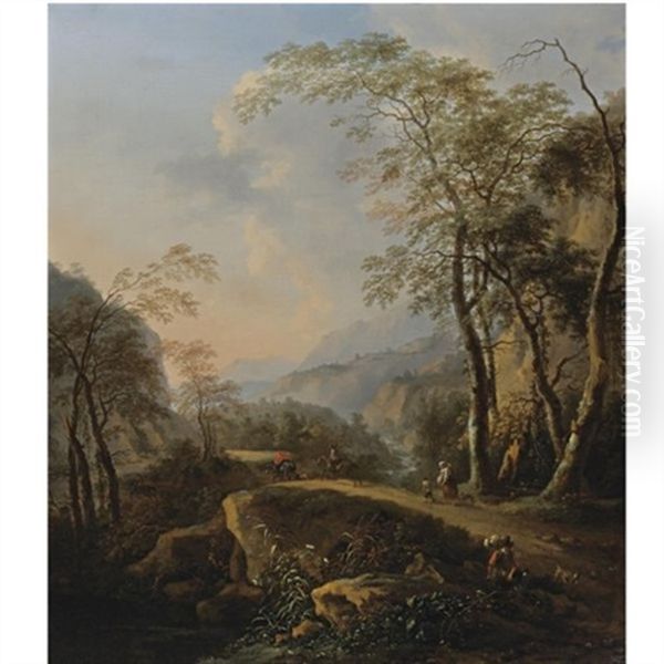 An Italianate Landscape With Horsemen And Peasants On A Path By A Gorge (in Collab. W/nicolaes Pietersz. Berchem) Oil Painting by Jan Dirksz. Both