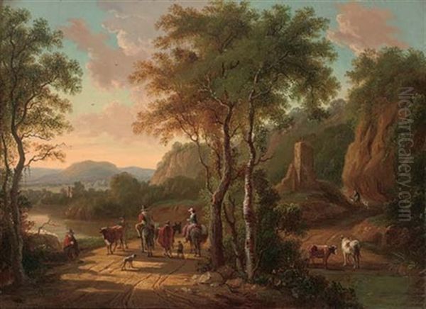 A Mountainous Landscape With Travellers On A Track By A River Oil Painting by Jan Dirksz. Both