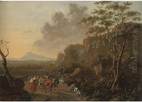 An Italianate Mountainous Landscape With Herdsmen On A Path Oil Painting by Jan Dirksz. Both