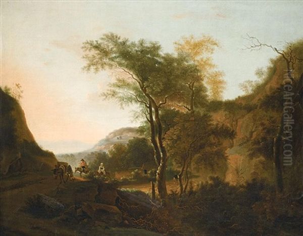 An Italianate Landscape With Drovers And Their Donkeys Oil Painting by Jan Dirksz. Both