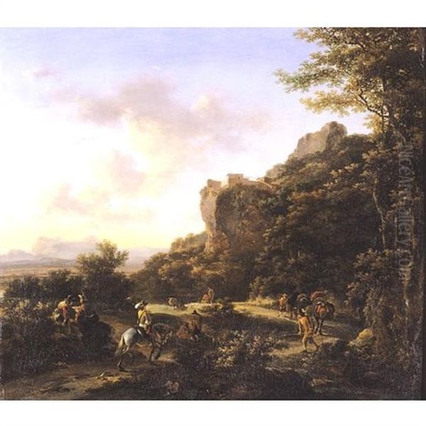 Mountainous Landscape With Travellers Along A Road Oil Painting by Jan Dirksz. Both