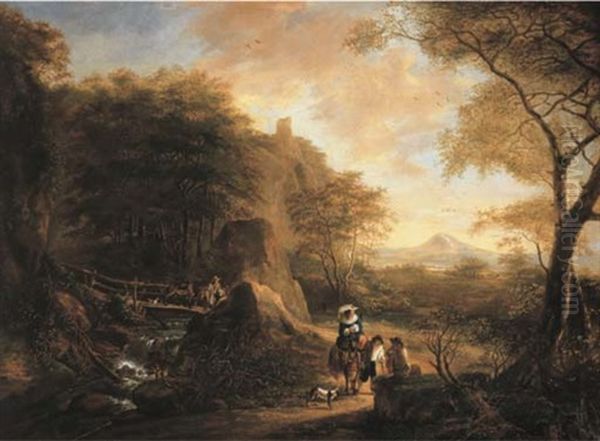 An Italianate Landscape With An Elegant Lady Travelling On A Path At The Edge Of A Wood, Other Travellers On A Bridge Beyond Oil Painting by Jan Dirksz. Both