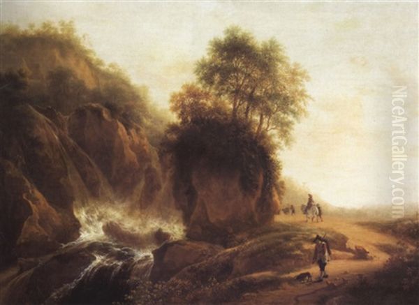 Abendliche Landschaft Mit Reisenden Auf Einem Pfad Bei Einem Wasserfall Oil Painting by Jan Dirksz. Both