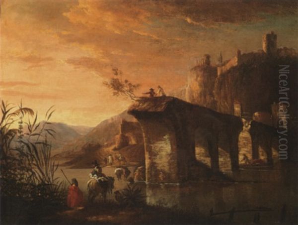 Figures By An Aqueduct With A Castle In The Distance Oil Painting by Jan Dirksz. Both