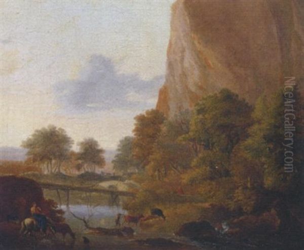 An Italianate Landscape With Muleteers Fording A River, A Sportsman In The Distance Oil Painting by Jan Dirksz. Both