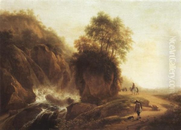 Abendliche Landschaft Mit Reisenden Auf Einem Pfad Bei Einem Wasserfall Oil Painting by Jan Dirksz. Both