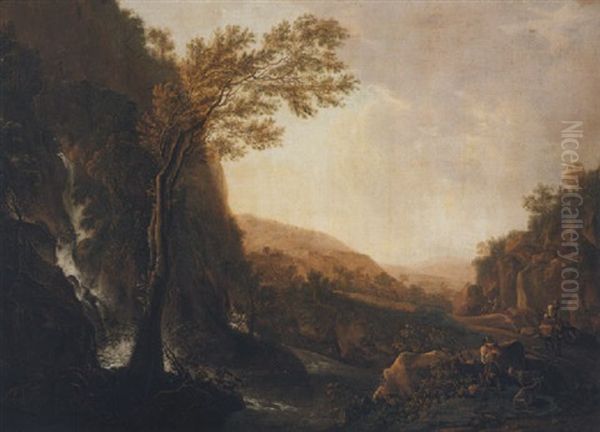 An Italianate Landscape With Travellers On A Road Beside A Waterfall At Dusk Oil Painting by Jan Dirksz. Both