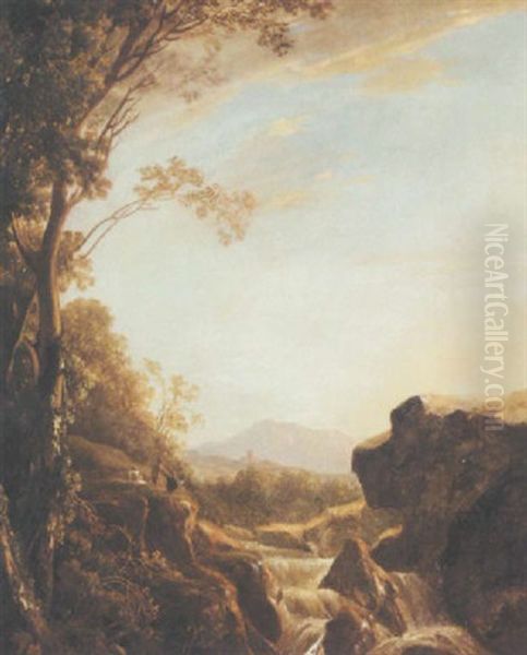 An Italianate Landscape With An Artist Sketching Beside A Cascade Oil Painting by Jan Dirksz. Both