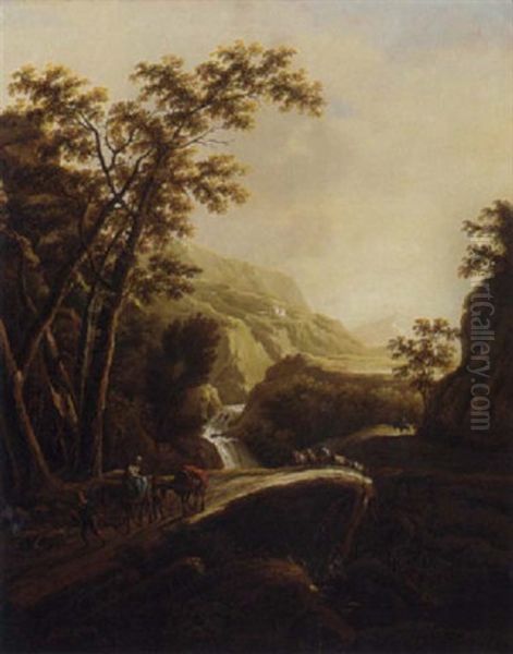 An Italianate Wooded Landscape With Travellers On A Path Oil Painting by Jan Dirksz. Both