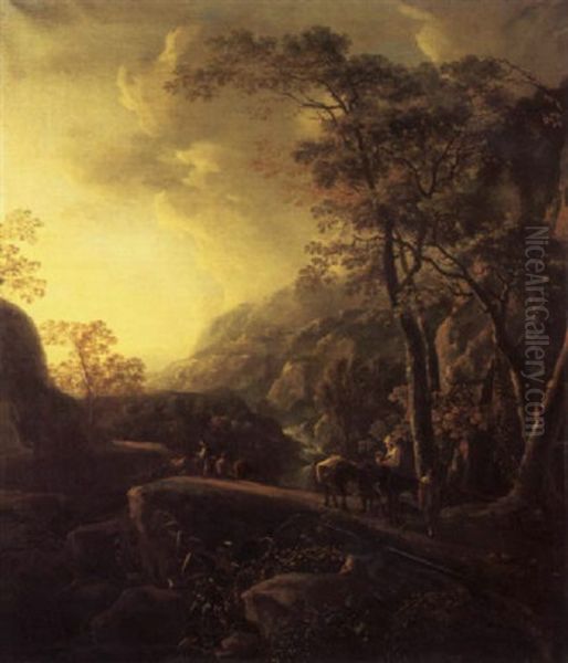 An Italianate Wooded Landscape With Muleteers On A Path By A Waterfall Oil Painting by Jan Dirksz. Both