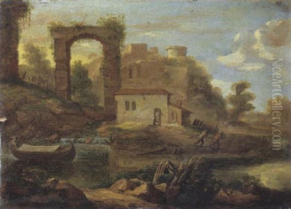 Paesaggio Fluviale Con Caseggiati, Rovine E Barcaioli Presso La Riva Oil Painting by Jan Dirksz. Both