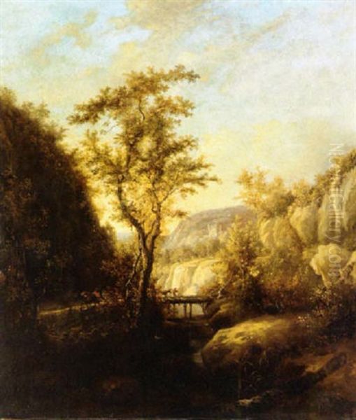 A Mountainous Landscape With Travellers On A Bridge Oil Painting by Jan Dirksz. Both