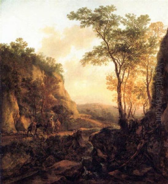 A Mountainous Wooded Landscape With Travellers On A Path Near A Waterfall Oil Painting by Jan Dirksz. Both