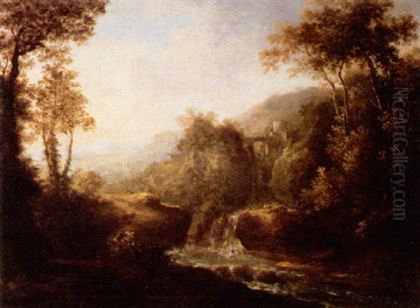 A Wooded River Landscape With A Town On A Cliff By A Waterfall Oil Painting by Jan Dirksz. Both