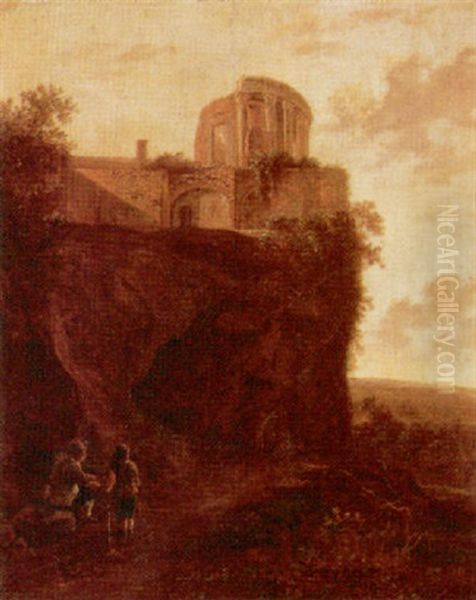 Landscape With Travellers Resting On A Path Beneath The Temple Of Sybils, Tivoli Oil Painting by Jan Dirksz. Both