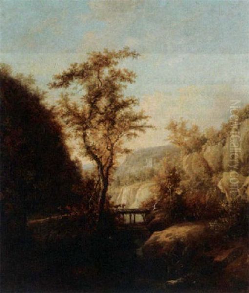 A Mountainous Landscape With Travellers On A Bridge Oil Painting by Jan Dirksz. Both