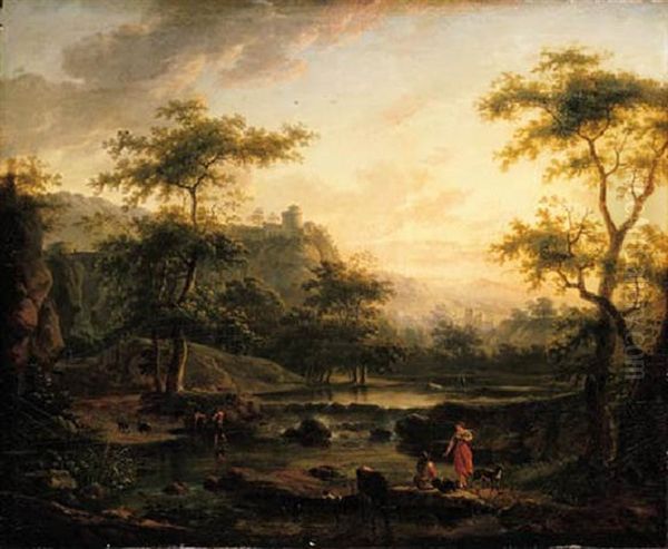 A River Landscape With A Washerwoman And A Herder Resting, Two Men On A Boat, A City And Mountains Beyond Oil Painting by Jan Dirksz. Both