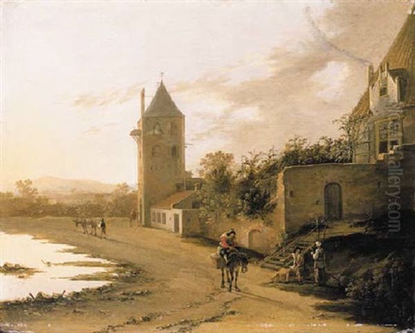 An Italianate Landscape With Travellers On A Path Before The Plompetoren, Utrecht Oil Painting by Jan Dirksz. Both