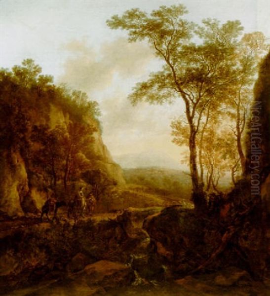 A Mountainous Wooded Landscape With Travellers On A Path Near A Waterfall Oil Painting by Jan Dirksz. Both