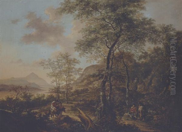 An Italianate Evening Landscape With A Muleteer And Goatherds On Wooded Path, A River And Mountains Beyond Oil Painting by Jan Dirksz. Both