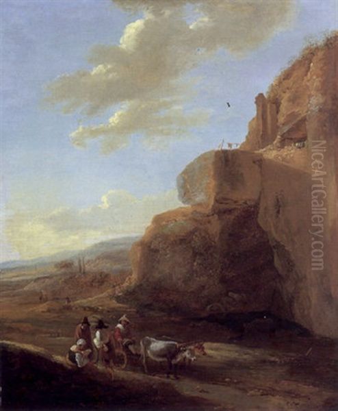 An Italiante Landscape With An Oxen-drawn Cart And Travellers On A Path, A Rocky Outcrop And Mountains Beyond Oil Painting by Jan Dirksz. Both