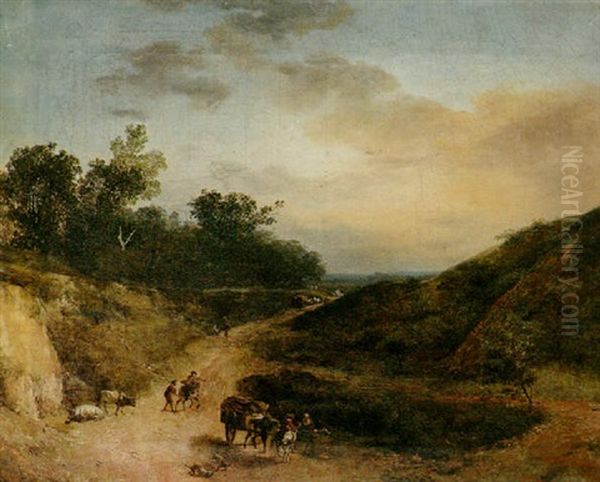 An Extensive Landscape With Travellers On A Path And A Horsedrawn Carriage With Mounted Figures In The Foreground Oil Painting by Jan Dirksz. Both