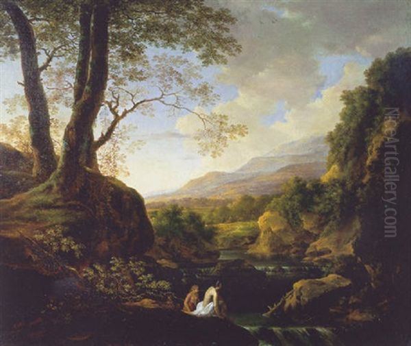 An Italianate Landscape With Bathers At A River Oil Painting by Jan Dirksz. Both