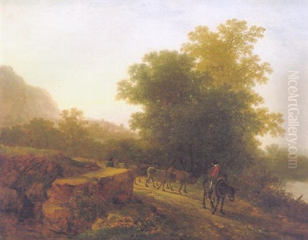 An Italianate Landscape With Herdsmen And Cattle On A Path Oil Painting by Jan Dirksz. Both