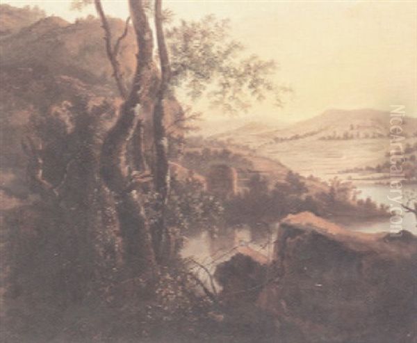 An Extensive River Landscape With A Rocky Outcrop And Trees In The Foreground Oil Painting by Jan Dirksz. Both