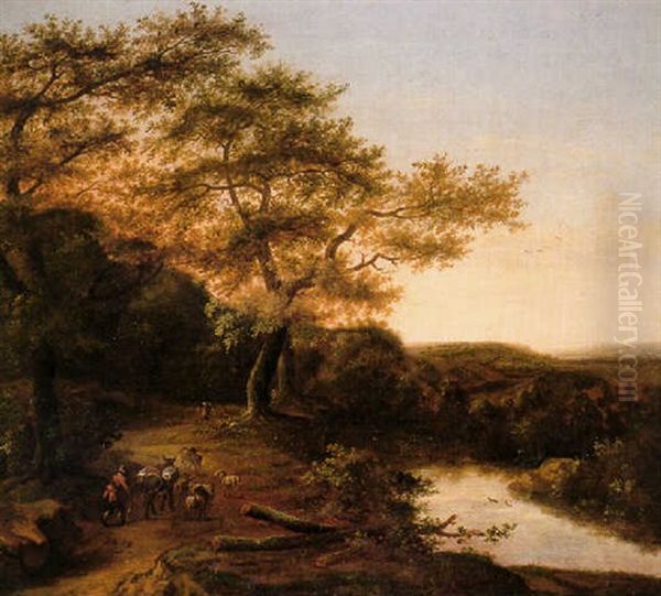 A Wooded Landscape With A Herdsman By A River Oil Painting by Jan Dirksz. Both