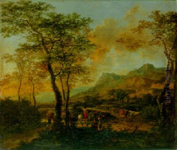 Italianate Landscape With A Traveller And Drovers On A Road, Farmhouse And Village Beyond Oil Painting by Jan Dirksz. Both