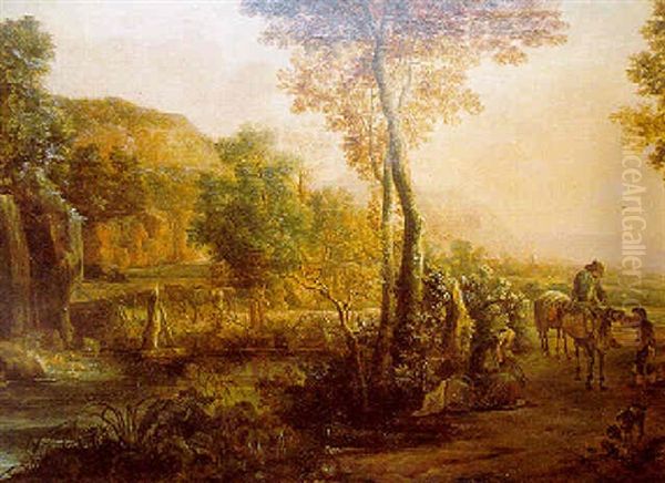 Paysage Au Soleil Couchant, Traverse Par Une Riviere, Avec Les Villageois Oil Painting by Jan Dirksz. Both