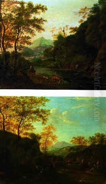 An Extensive Italianate Landscape With Travellers On A Mountain Track With Sportsmen Drinking Water From A Stream Oil Painting by Jan Dirksz. Both